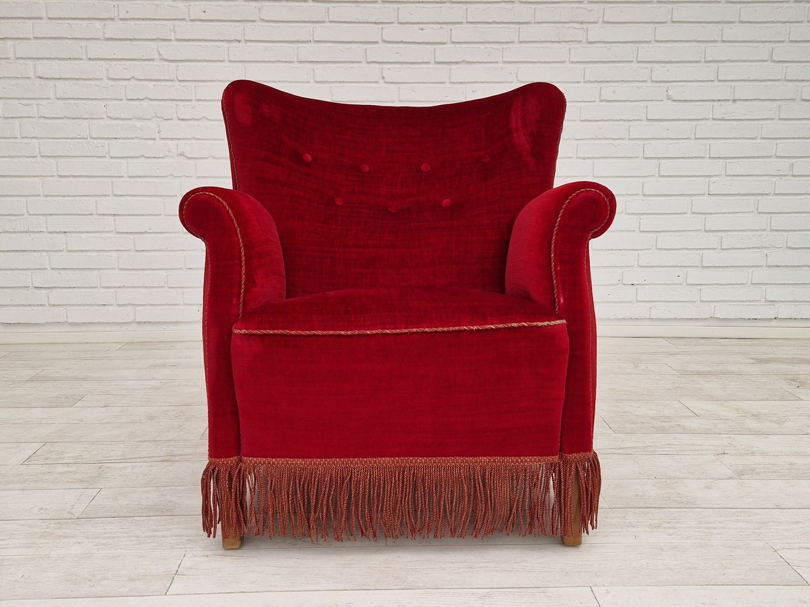 1960s, Danish Vintage Armchair In Cherry Red Velvet. photo 850.0