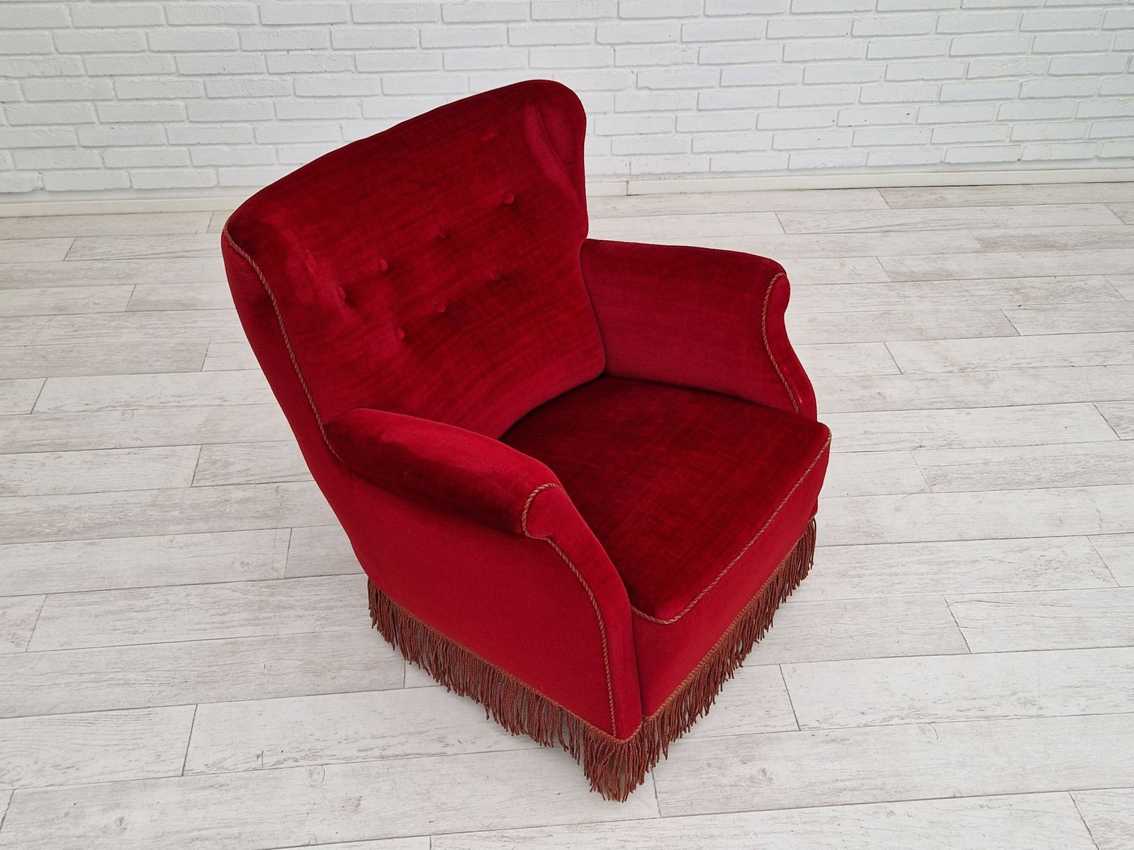 photo for sale 1960s, Danish Vintage Armchair In Cherry Red Velvet.
