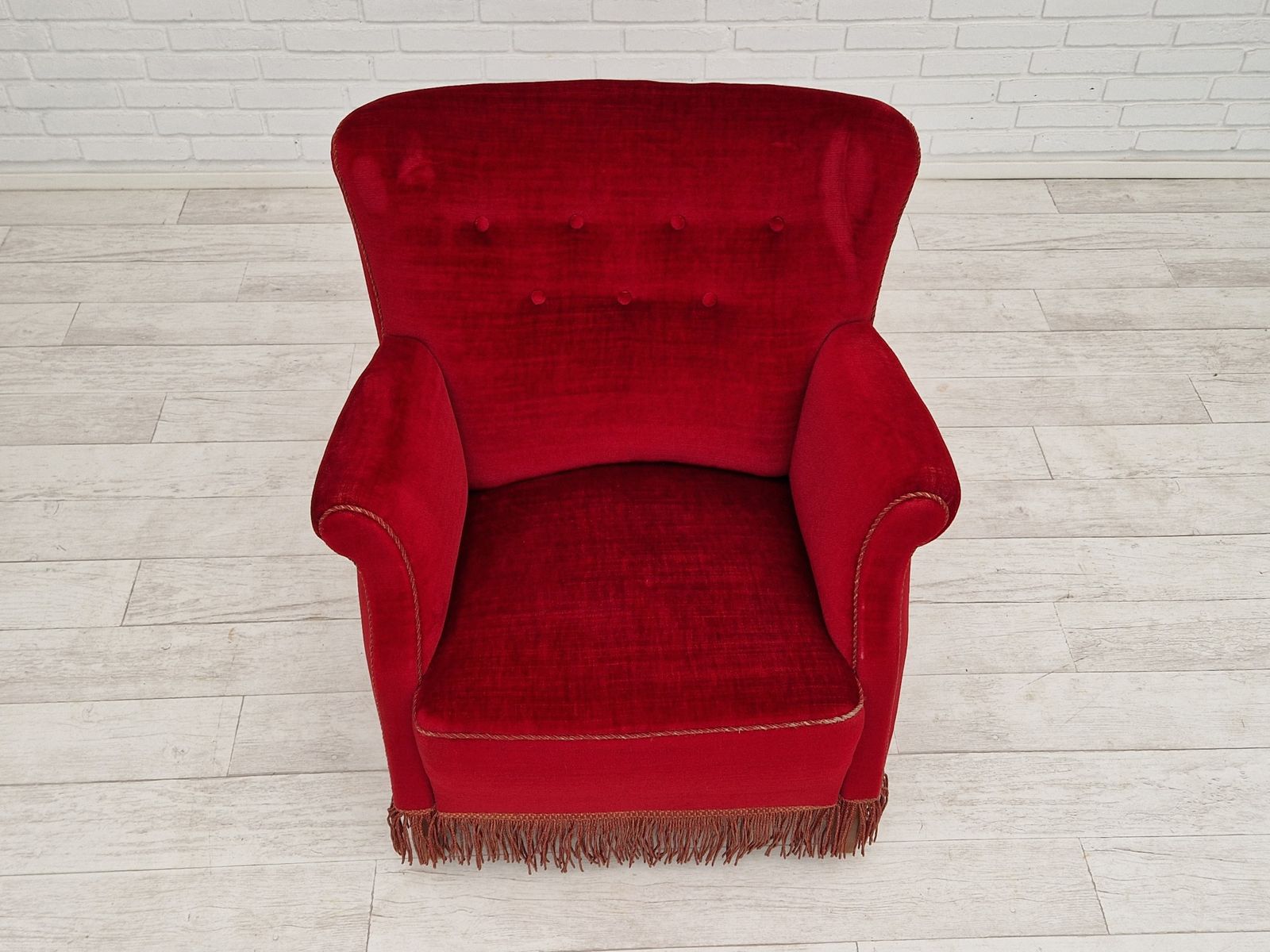 photo buy 1960s, Danish Vintage Armchair In Cherry Red Velvet.