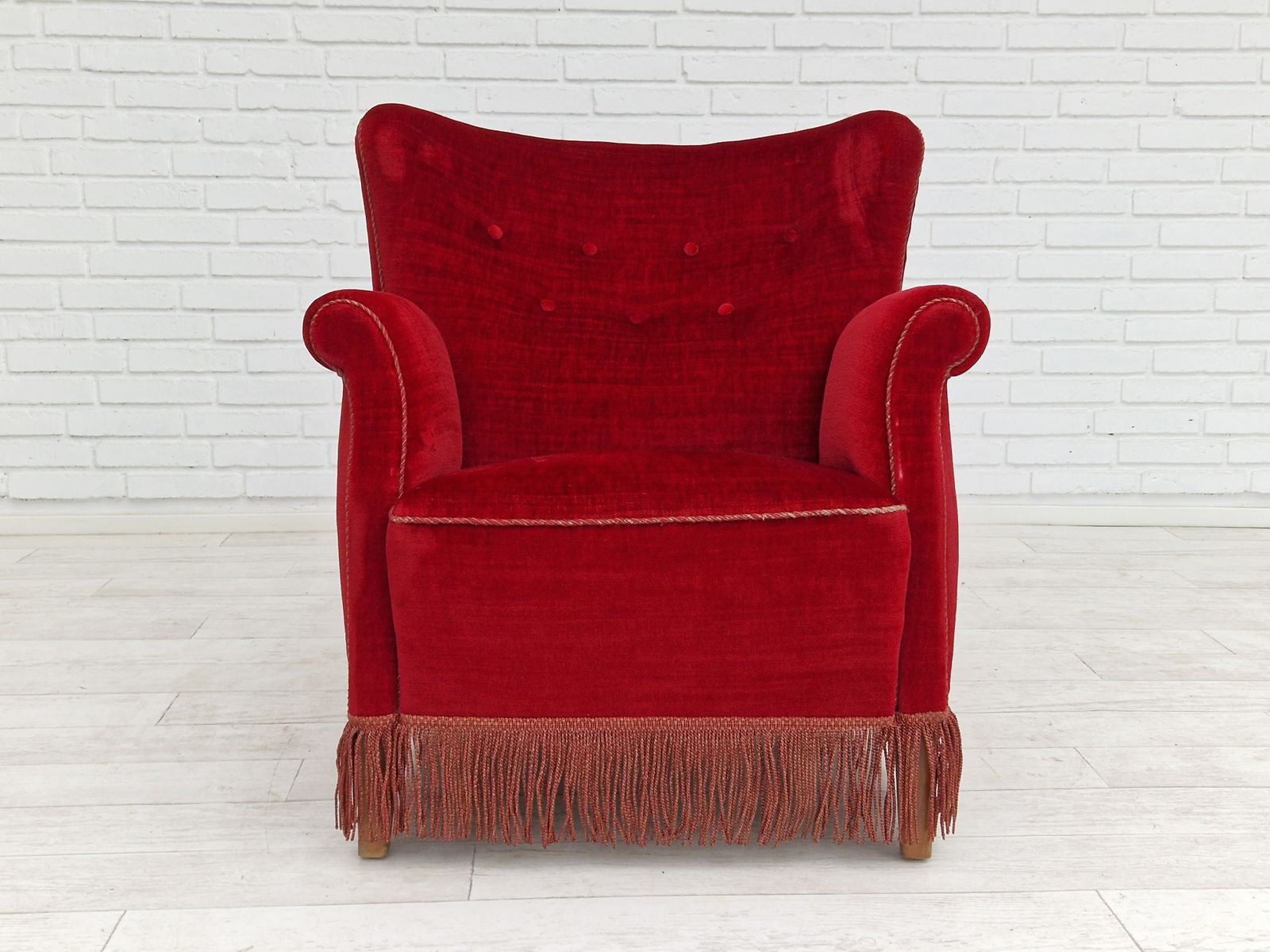 1960s, Danish Vintage Armchair In Cherry Red Velvet.