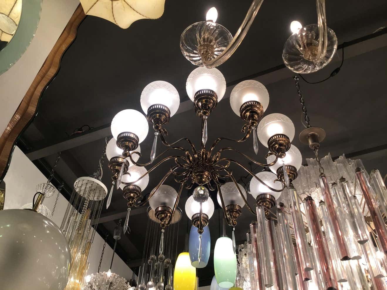 3597.0 Arredoluce Chandelier Brass Glass 1950 Italy photo