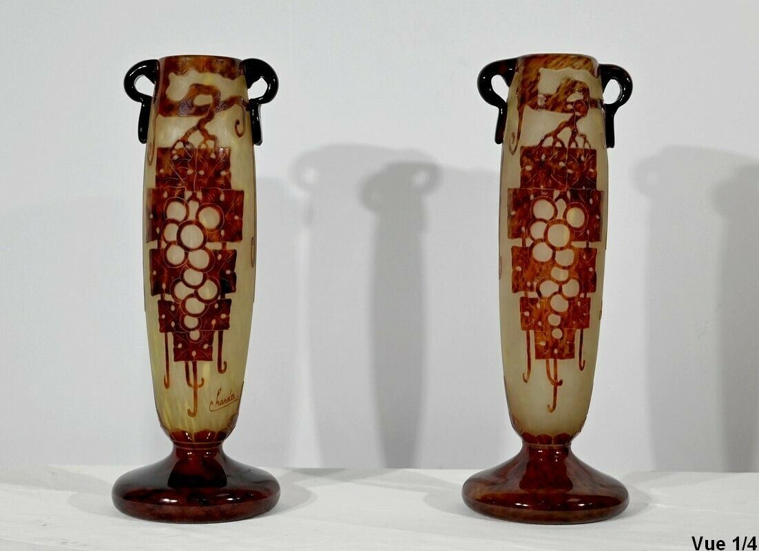 Pair Of “French Glass” Vases, Signed Charder, Art Deco – 1920 photo vinterior