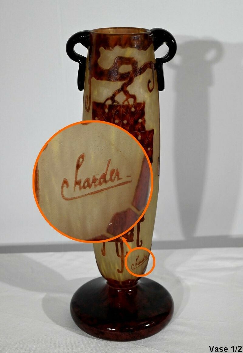 Pair Of “French Glass” Vases, Signed Charder, Art Deco – 1920 photo vintage