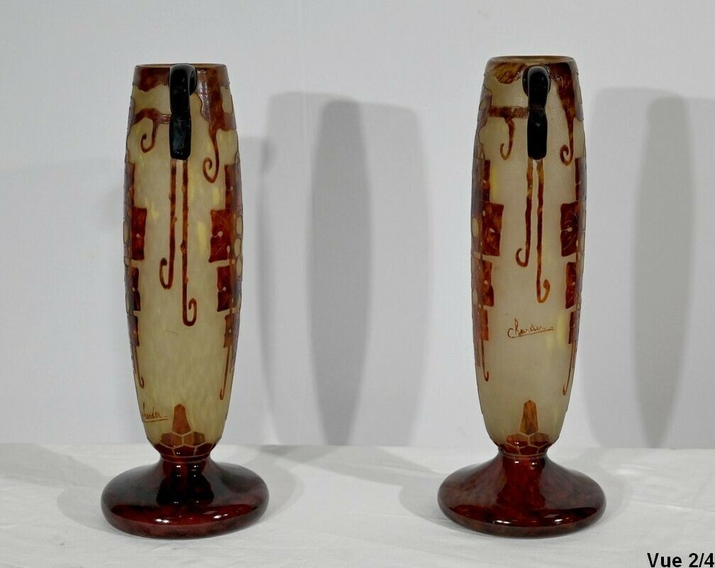 Home Decor Pair Of “French Glass” Vases, Signed Charder, Art Deco – 1920 photo