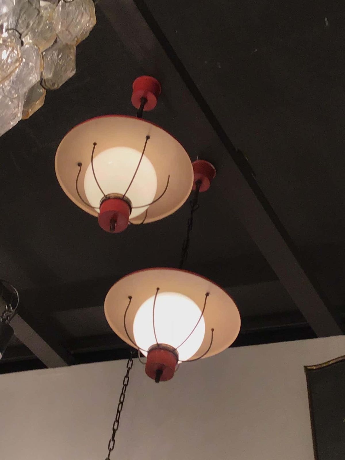 photo for sale Stilnovo Couple Chandeliers Glass Metal Brass 1950 Italy