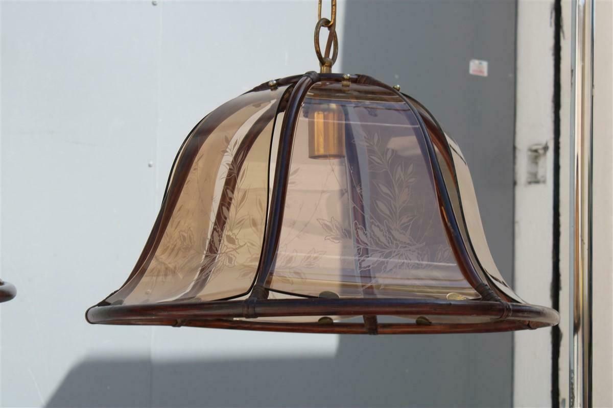 Pair Of Round Dome Chandeliers Bamboo Glass Decorated With Leaves, Italy photo vintage