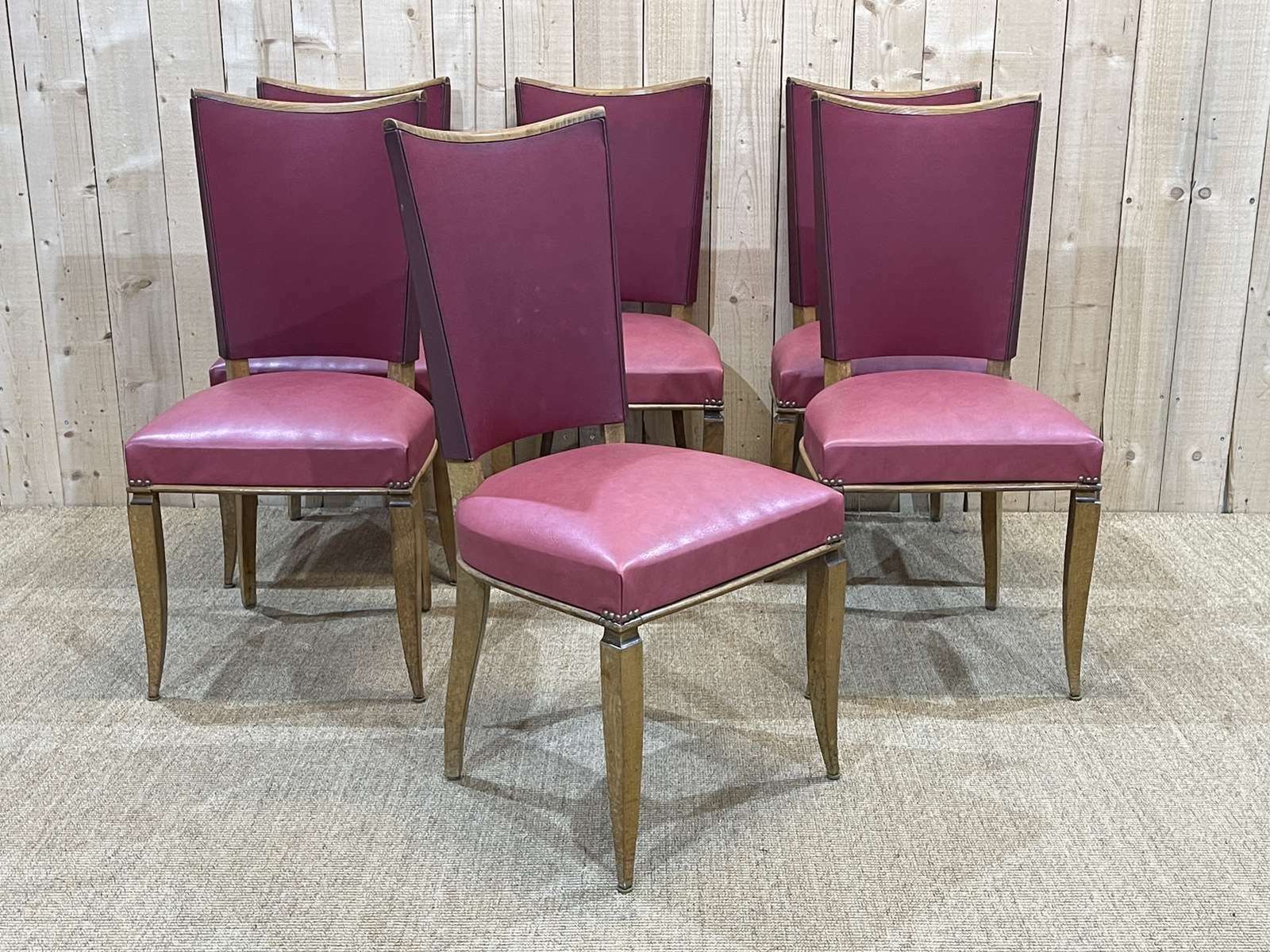 Suite Of 6 Beech And Skai Chairs In The Style Of Jules Leleu