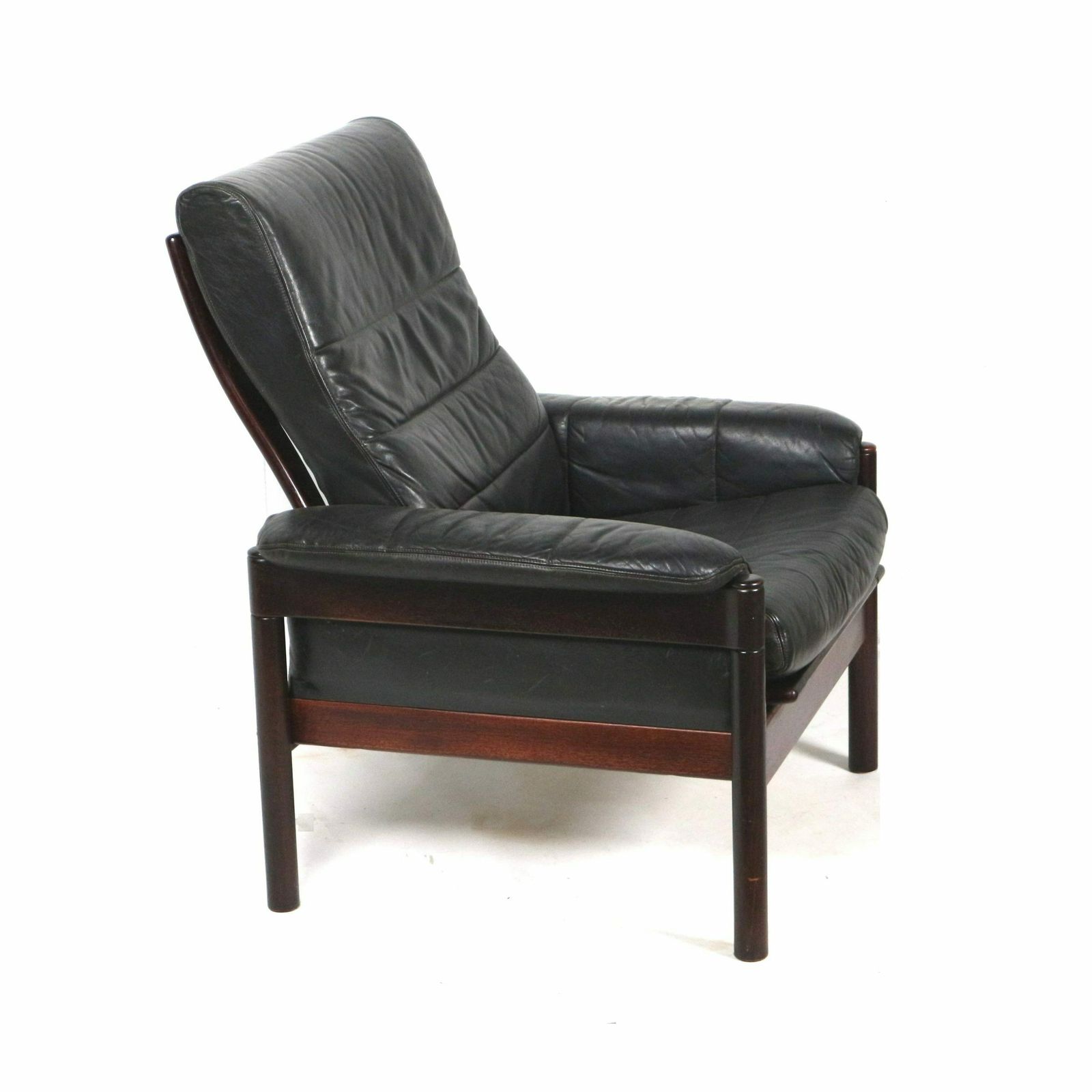Black Leather Armchair With Beautiful Wooden Frame Made In The 60s