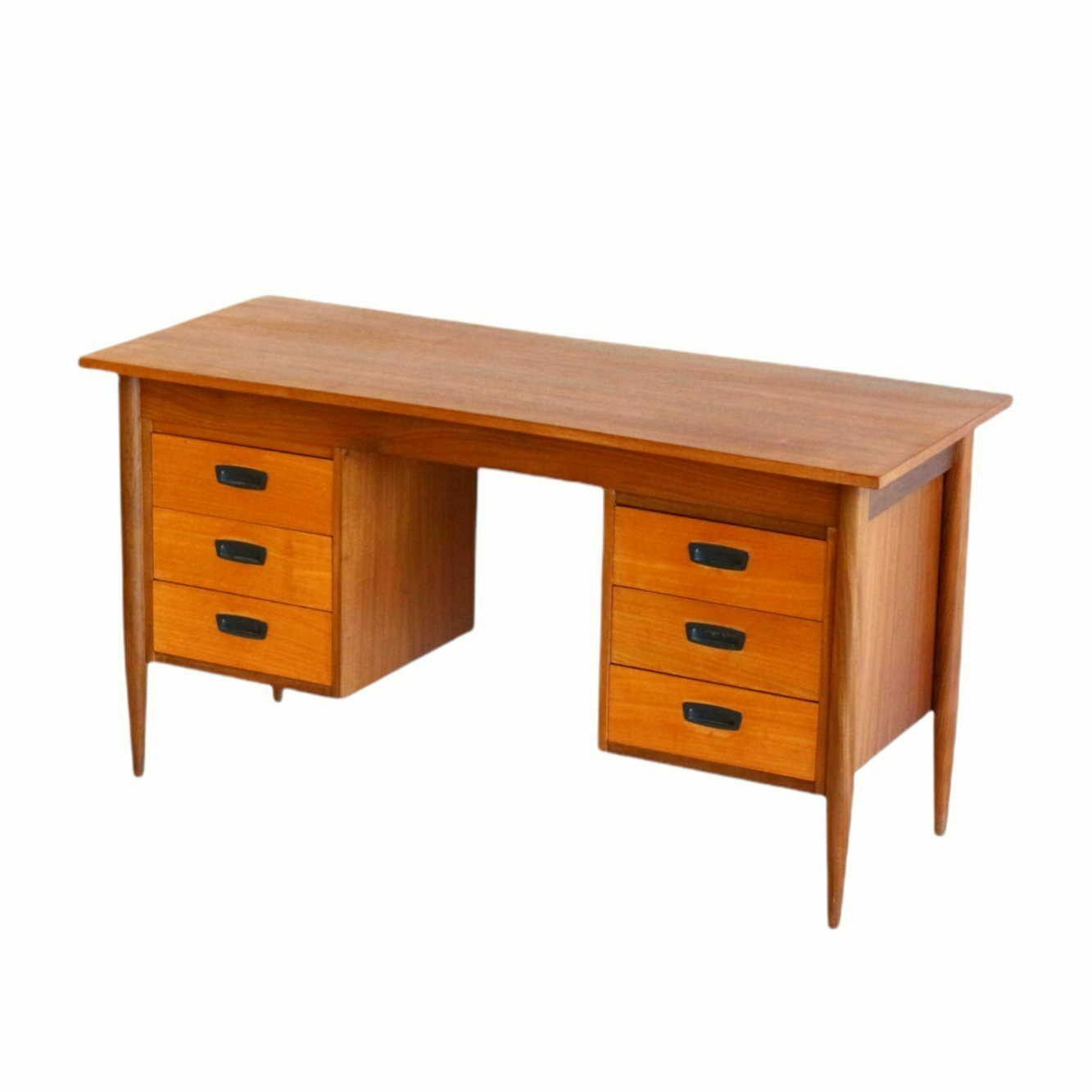 Vintage Teak Desk With 6 Drawers Made In The 60s photo vinterior