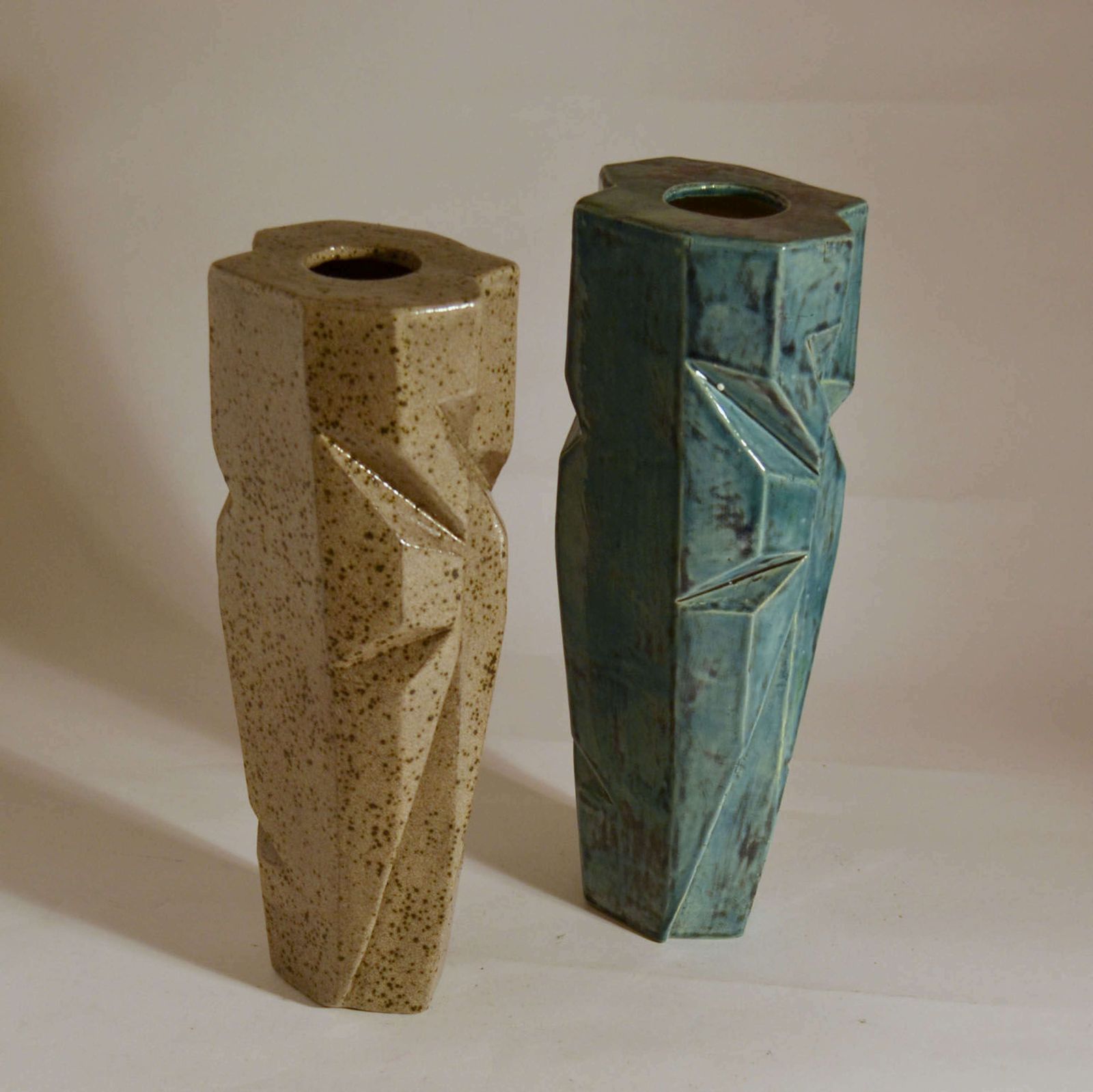 Pair Of Studio Pottery Vases In Blue And Beige Glaze photo 995.0