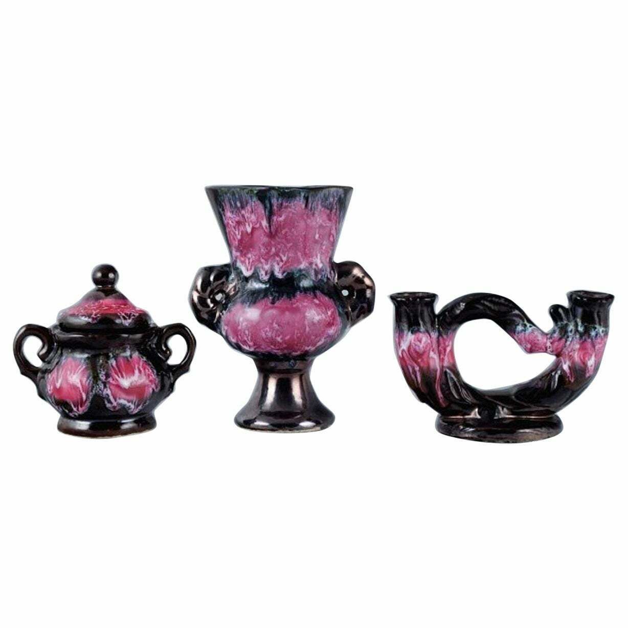 Vallauris, France, Lidded Bowl, Two Armed Candlestick And A Vase. photo vintage