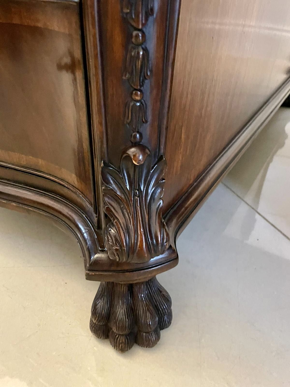 Outstanding Quality Large Antique Carved Figured Mahogany Serpentine Shaped Partners Desk photo vinterior