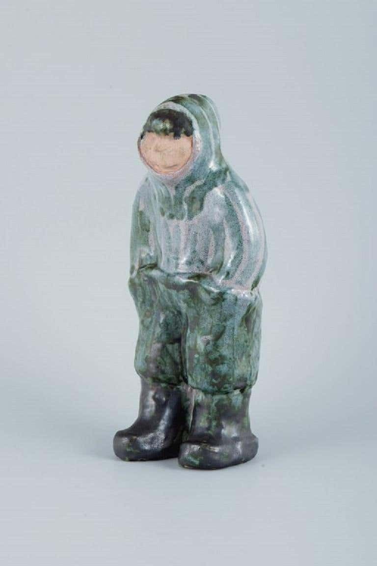 Greenlandica Hand Painted Unique Stoneware Figure Inuit In Traditional Clothes photo for sale