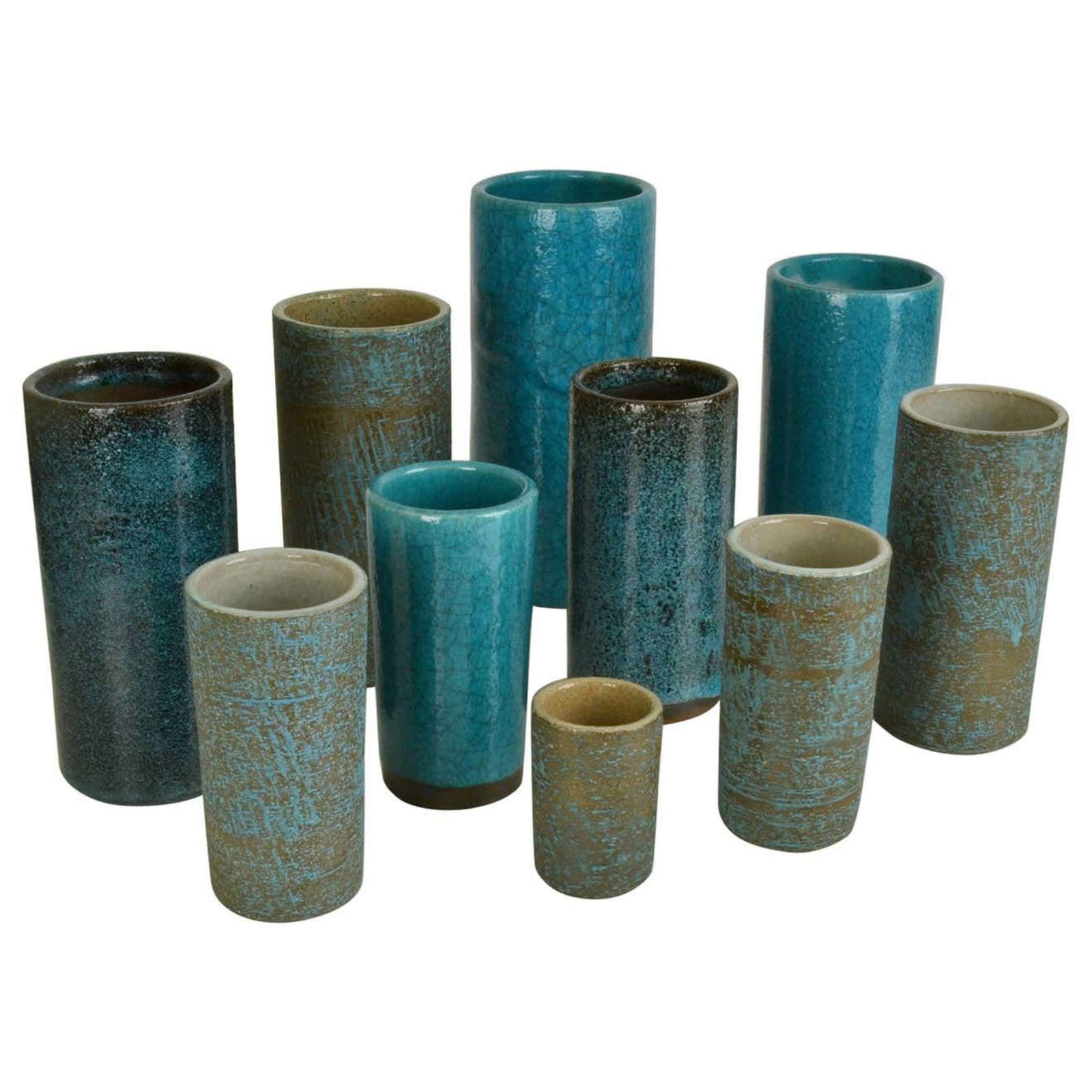 Set Of Ten Blue Ceramic Cylinder Vases By Groeneveldt
