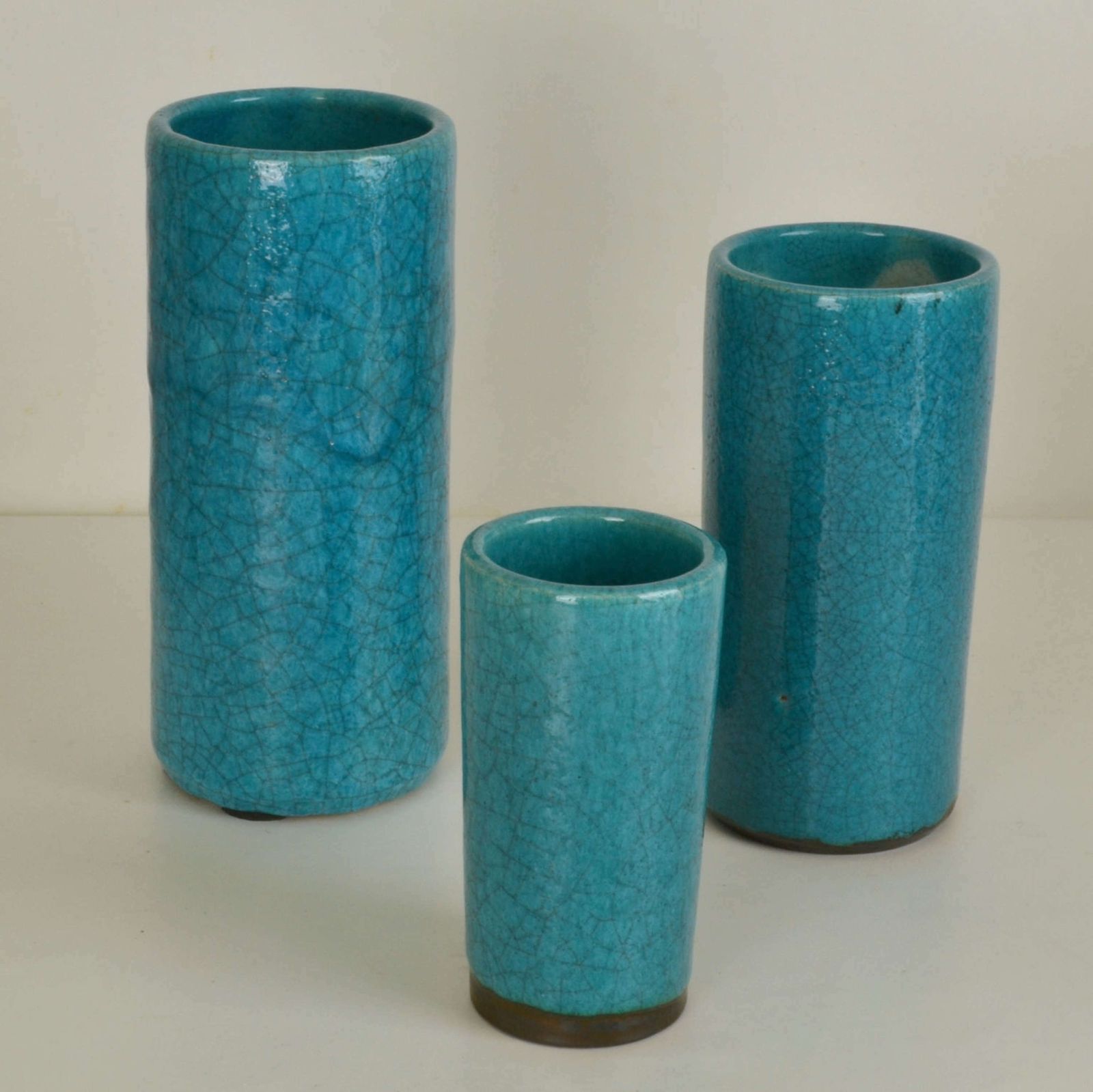 Set Of Ten Blue Ceramic Cylinder Vases By Groeneveldt photo vinterior