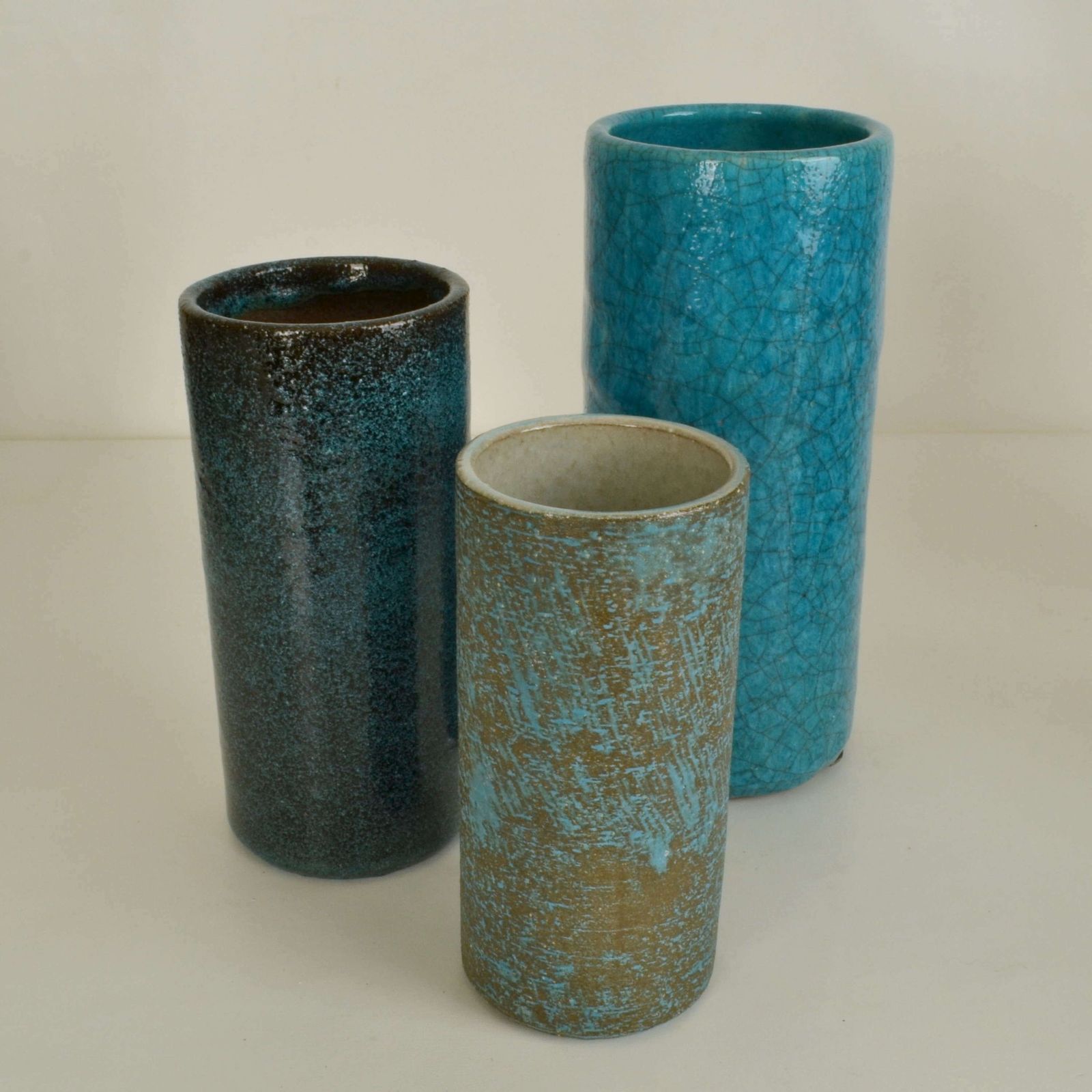 Set Of Ten Blue Ceramic Cylinder Vases By Groeneveldt photo vintage