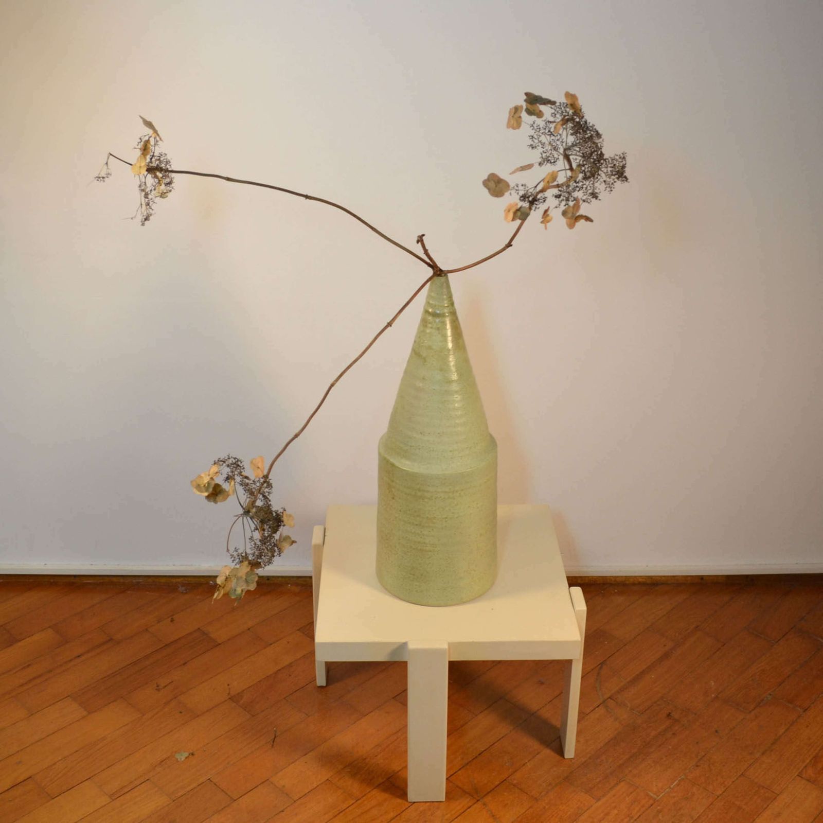 Sculptural 1980's Studio Pottery Vase In Sage Green photo for sale