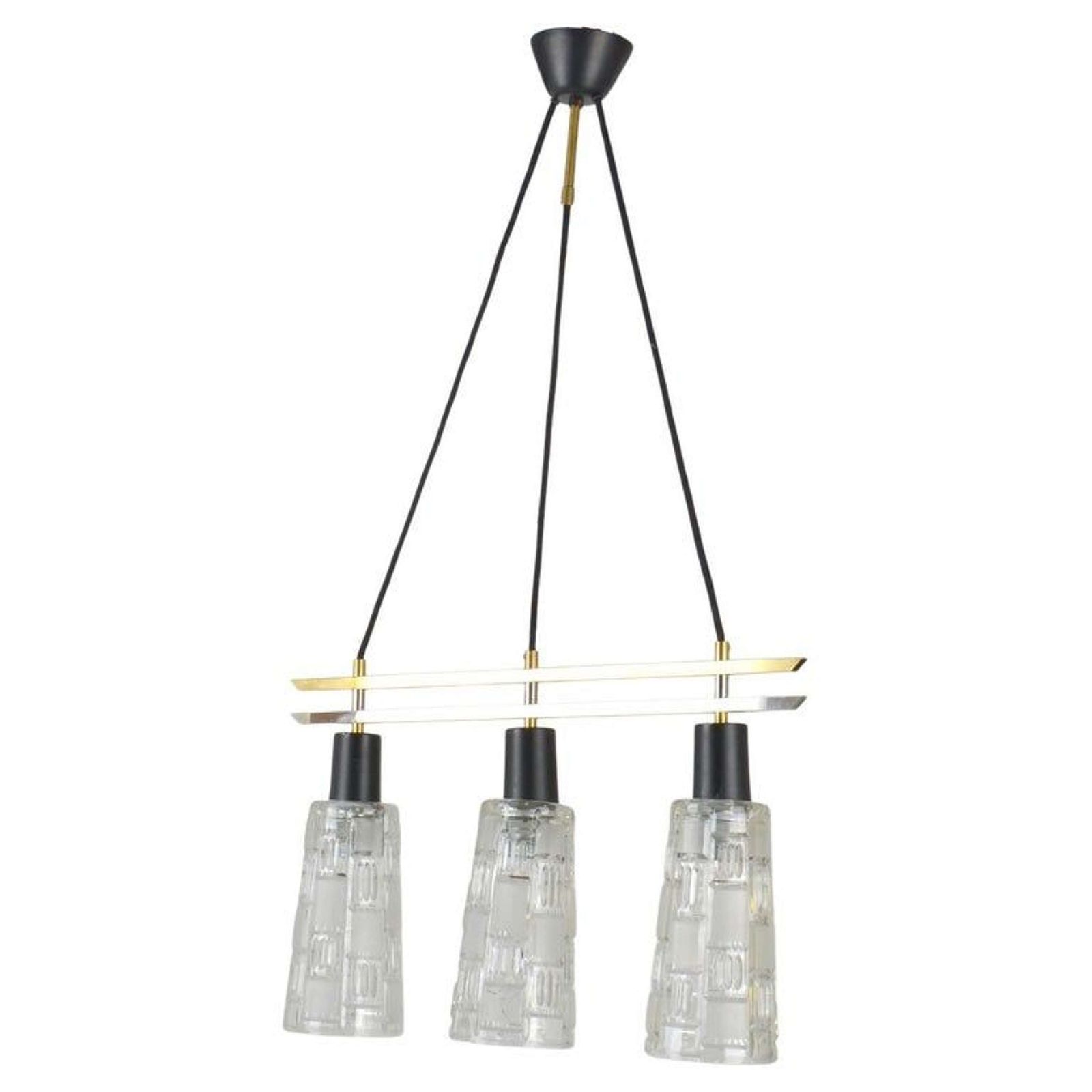 Triple Light Chandelier In Brass Chrome And Clear Glass 1960's photo buy