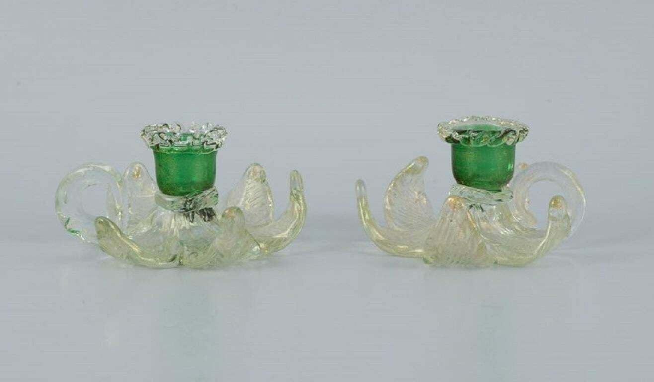 Murano Italy A Pair Of Low Candlesticks In Green And Clear Art Glass 1960 70s