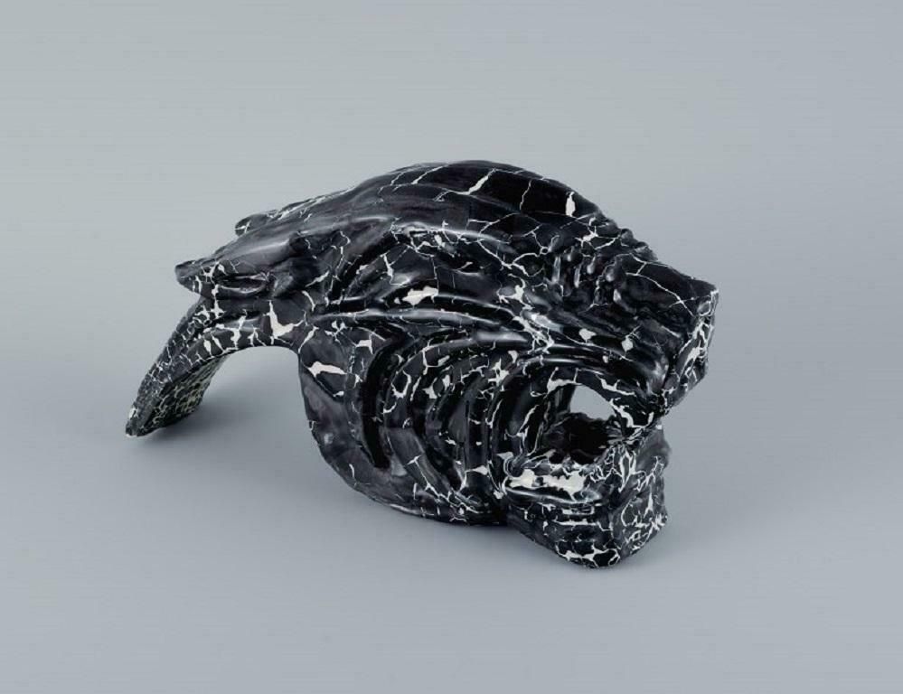 Roger Guerin (1896 1954). Unique Sculpture In Black Glazed Ceramic. Tiger Head.