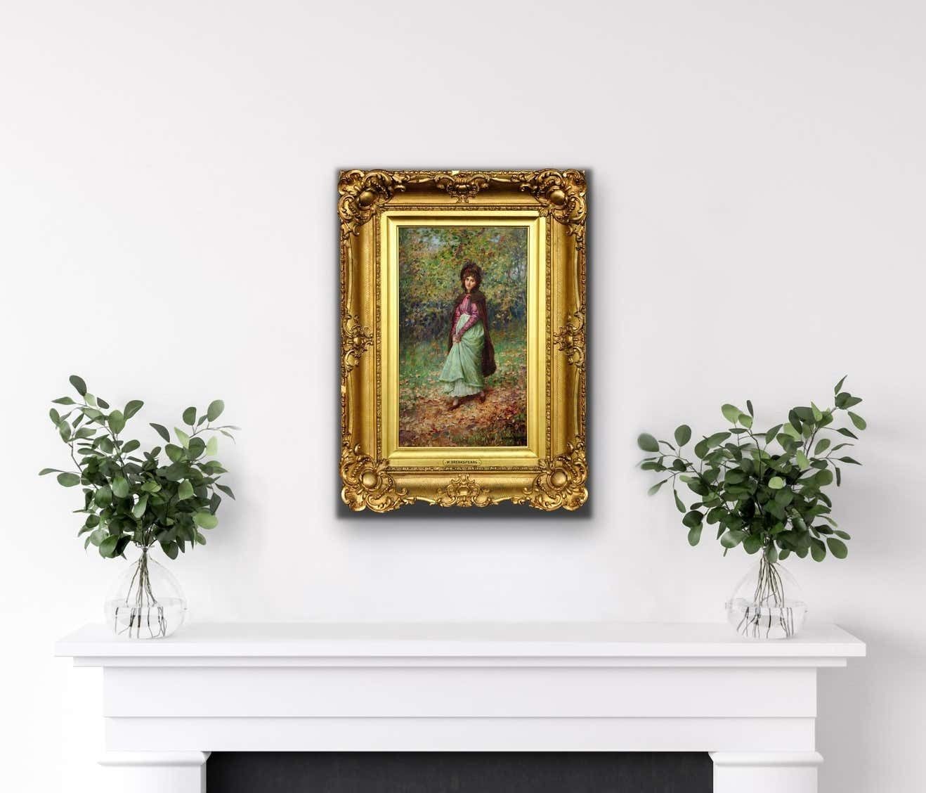 photo vinterior William Arthur Breakspeare 1855 To 1914. A Rendezvous In The Park In The Autumn Fall. Framed Oil Painting. Young Lovers Meeting Out Of Plain Sight.