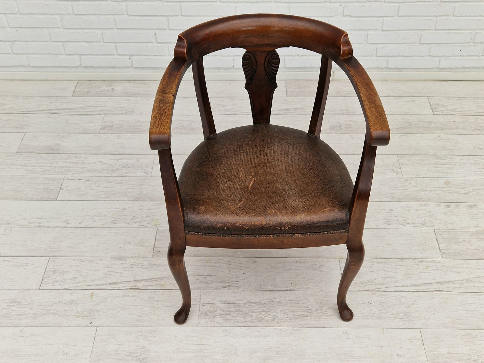 1950s, Scandinavian Vintage Armchair, Original Condition, Leather, Oak Wood. photo 500.0