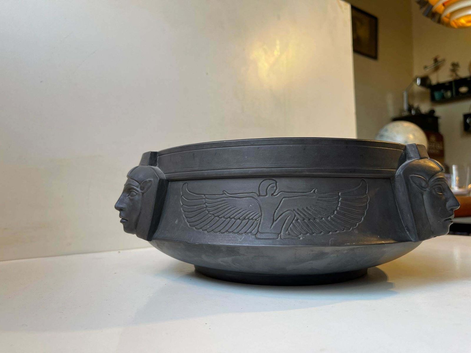 Antique L. Hjorth Pharaoh Bowl In Black Terracotta  Hieroglyphs And Isis photo vinterior