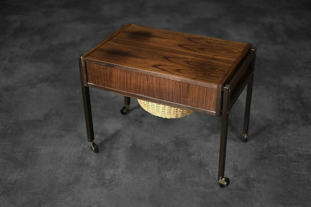 Vintage Mid Century Danish Modern Rosewood Thread Side Table With Wicker Basket, 1960s photo vintage