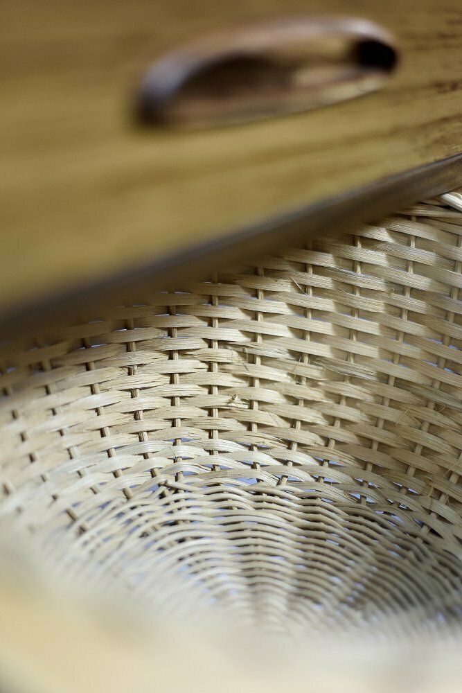 Vintage Mid Century Danish Modern Rosewood Thread Side Table With Wicker Basket, 1960s photo buy