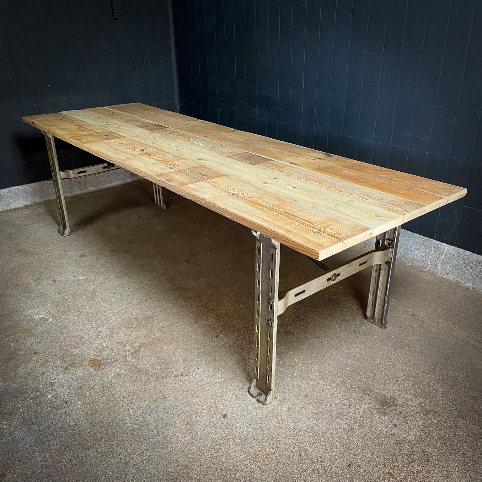Industrial Dining Table   Antique Wooden Top   Steel Machine Base