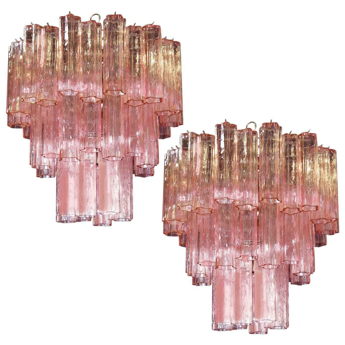 Pair Of Tronchi Chandelier Style Toni Zuccheri, 48 Pink Glasses, Murano, 1990