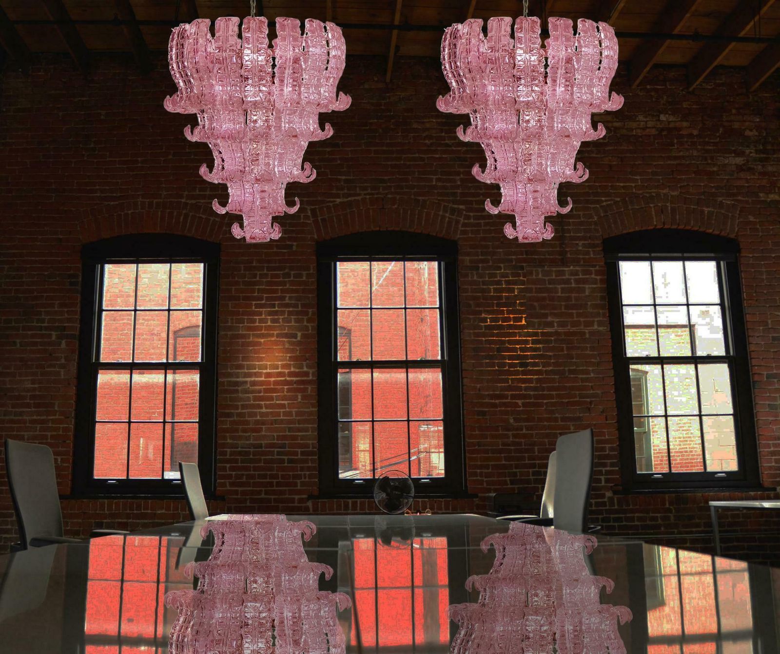 Pair Of Italian Murano Six Tier Felci Glass Chandeliers photo furniture