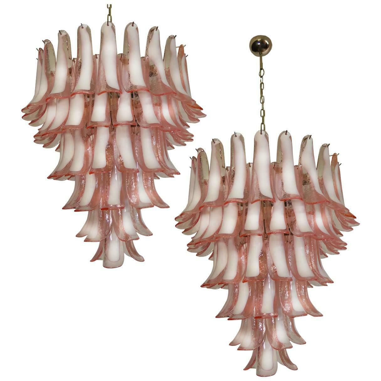 Fabulous Pair Of Italian 75 Pink And White Petal Chandeliers, Murano photo for sale