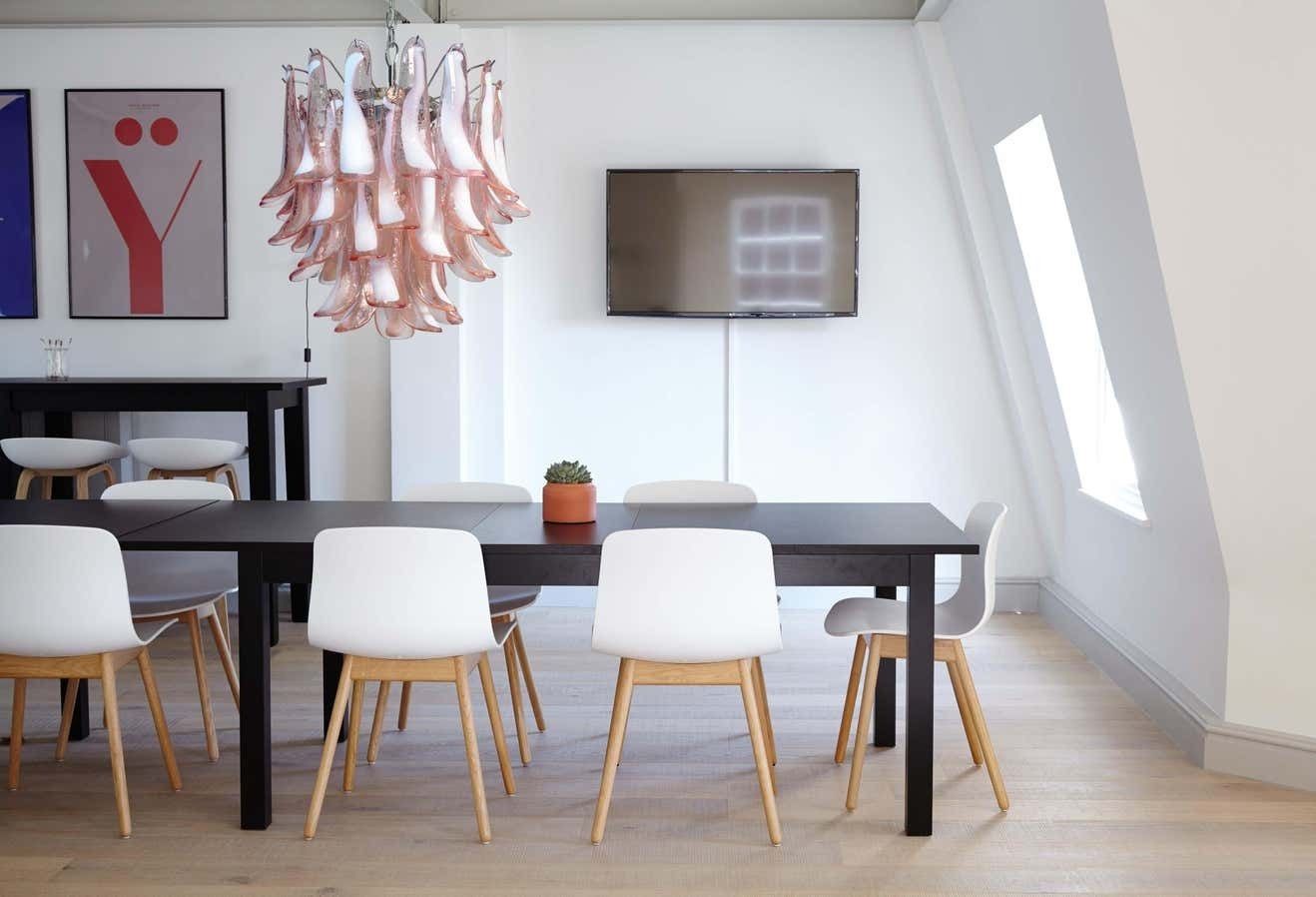photo for sale Pair Of Italian 41 Pink Petal Chandeliers, Murano