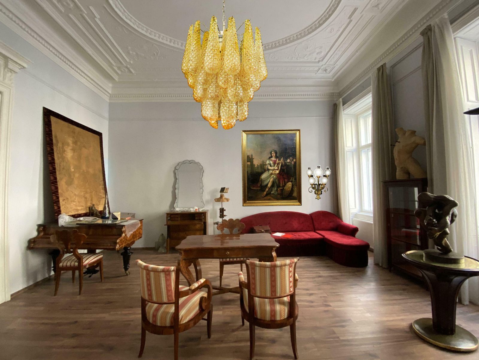 Pair Of Italian 41 Amber Crystal Petals Chandeliers, Murano photo vintage
