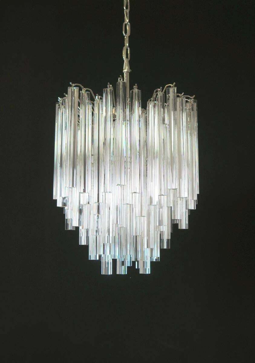 Lighting Pair Of Chandeliers Venini Style 92 Trasparent Prism Triedri, Murano, 1990 photo