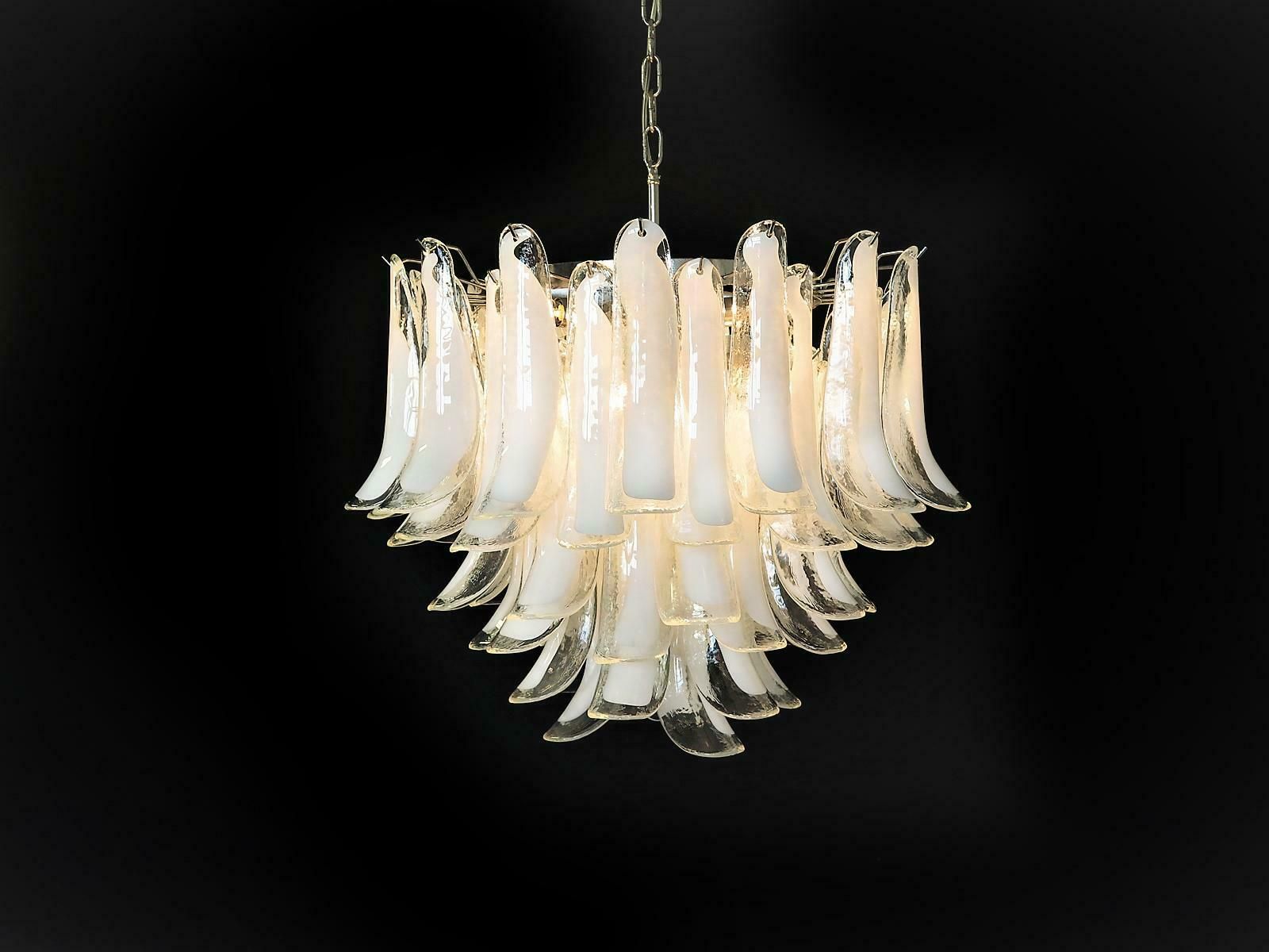 Pair Of Italian 53 White Petal Chandelier, Murano photo for sale