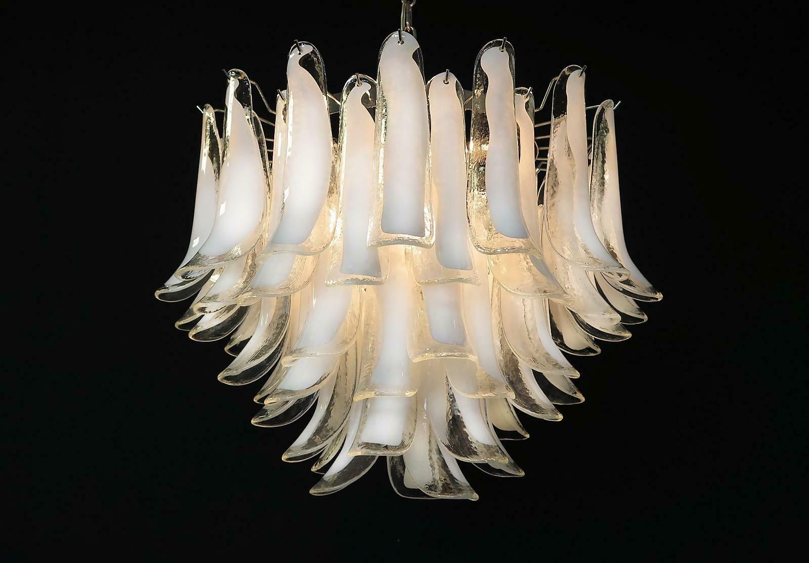 Pair Of Italian 53 White Petal Chandelier, Murano photo Lighting