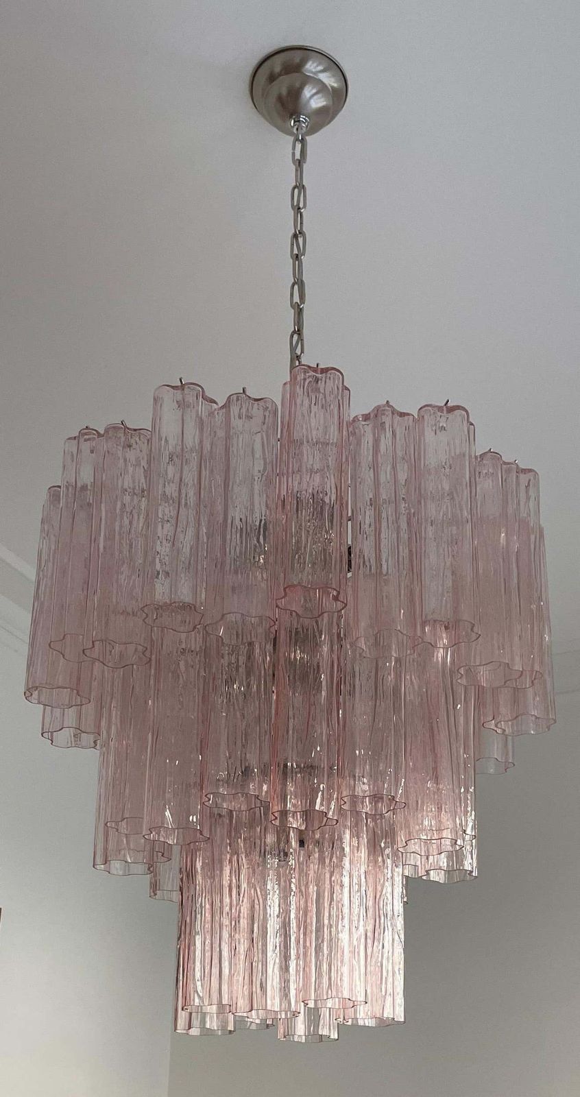 Pair Of Italian 36 Pink Glass Tube Chandeliers, Murano, 1970s photo for sale