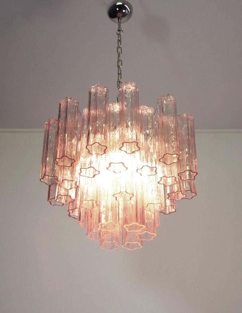 Pair Of Italian 36 Pink Glass Tube Chandeliers, Murano, 1970s photo vintage