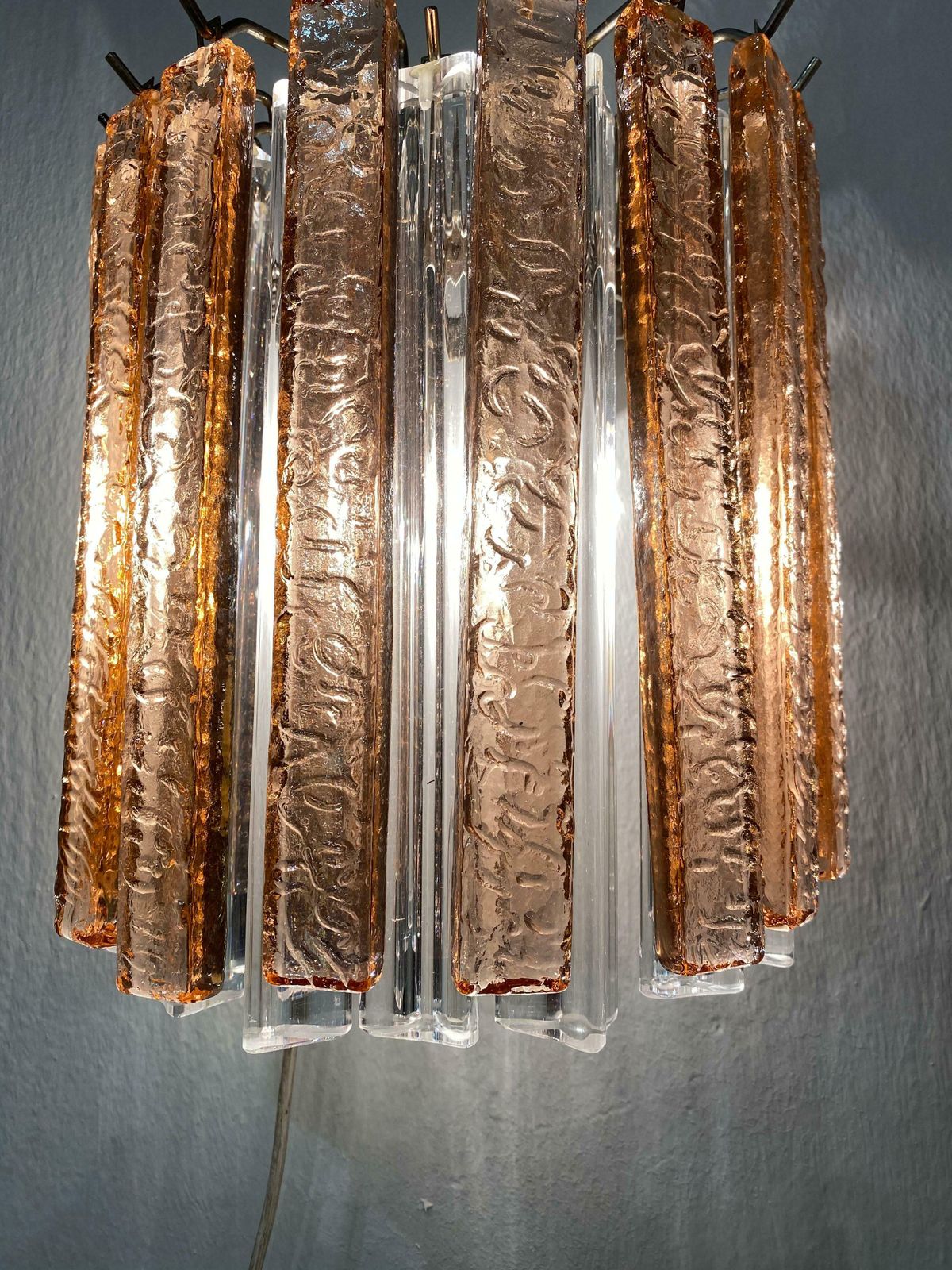 Pair Of Italian Wall Sconces, Ice And Pink Triedri By Venini, Murano, 1980s photo for sale