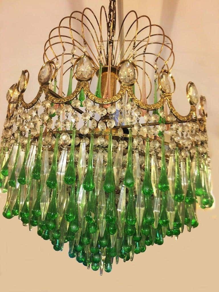 Italian Green Glass Drops Chandelier Venini Style, Murano, 1970s photo vinterior