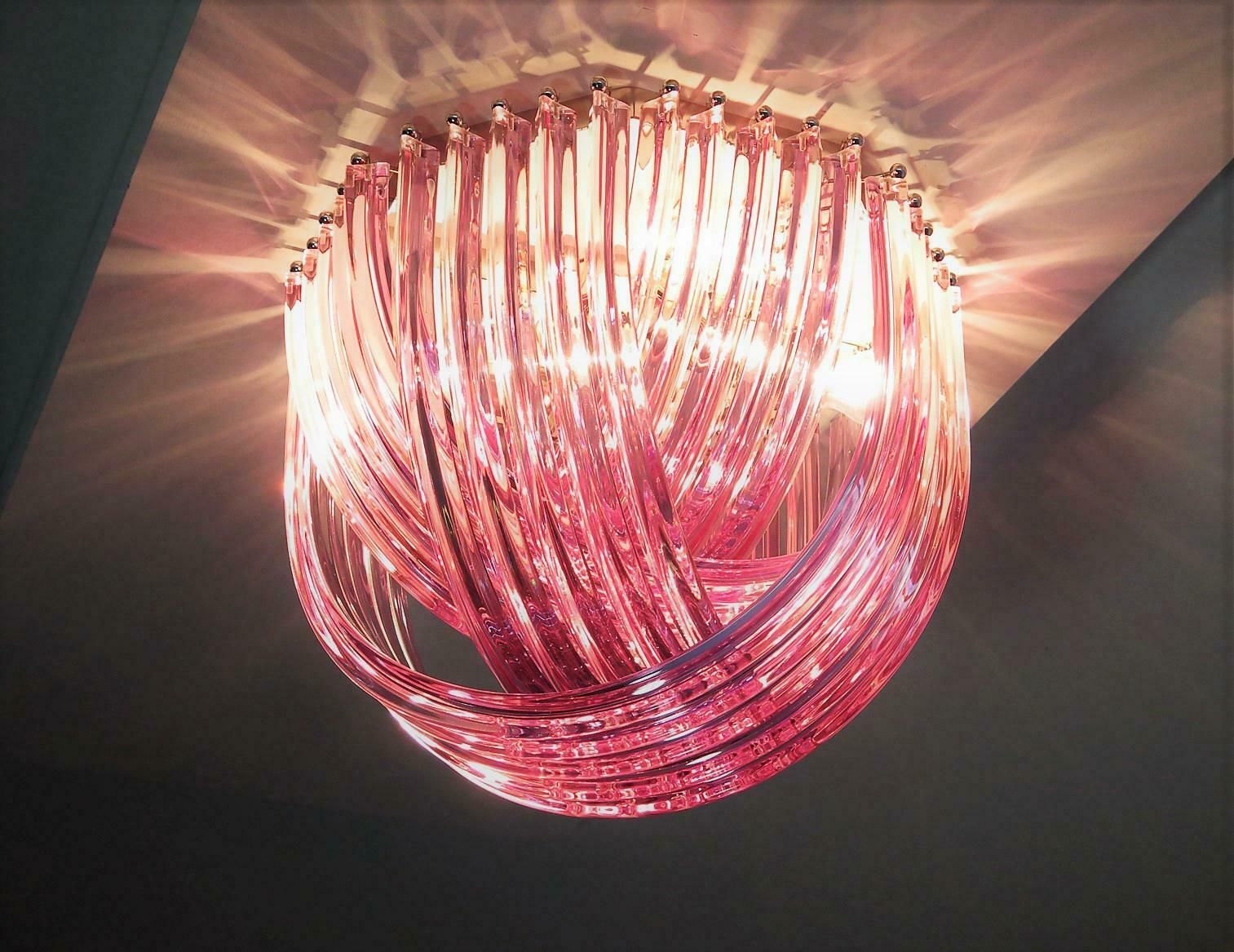 Pair Murano Ceiling Linght Chandeliers, Pink Triedri, 20 Murano Glasses photo 8076.0