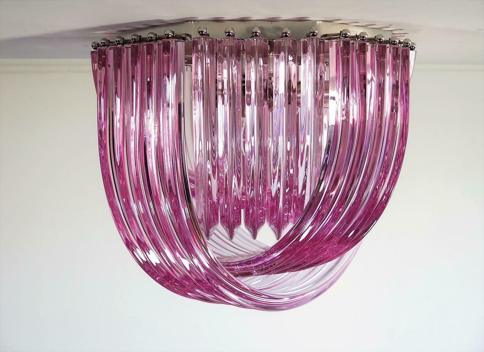 Lighting Pair Murano Ceiling Linght Chandeliers, Pink Triedri, 20 Murano Glasses photo