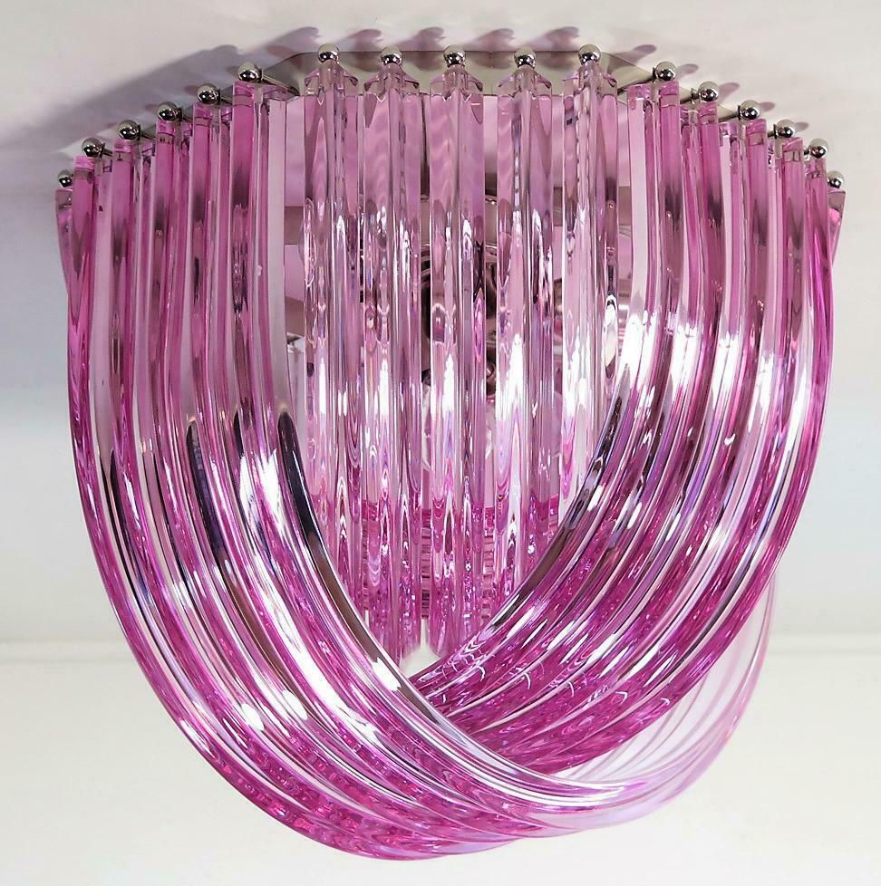 8076.0 Pair Murano Ceiling Linght Chandeliers, Pink Triedri, 20 Murano Glasses photo