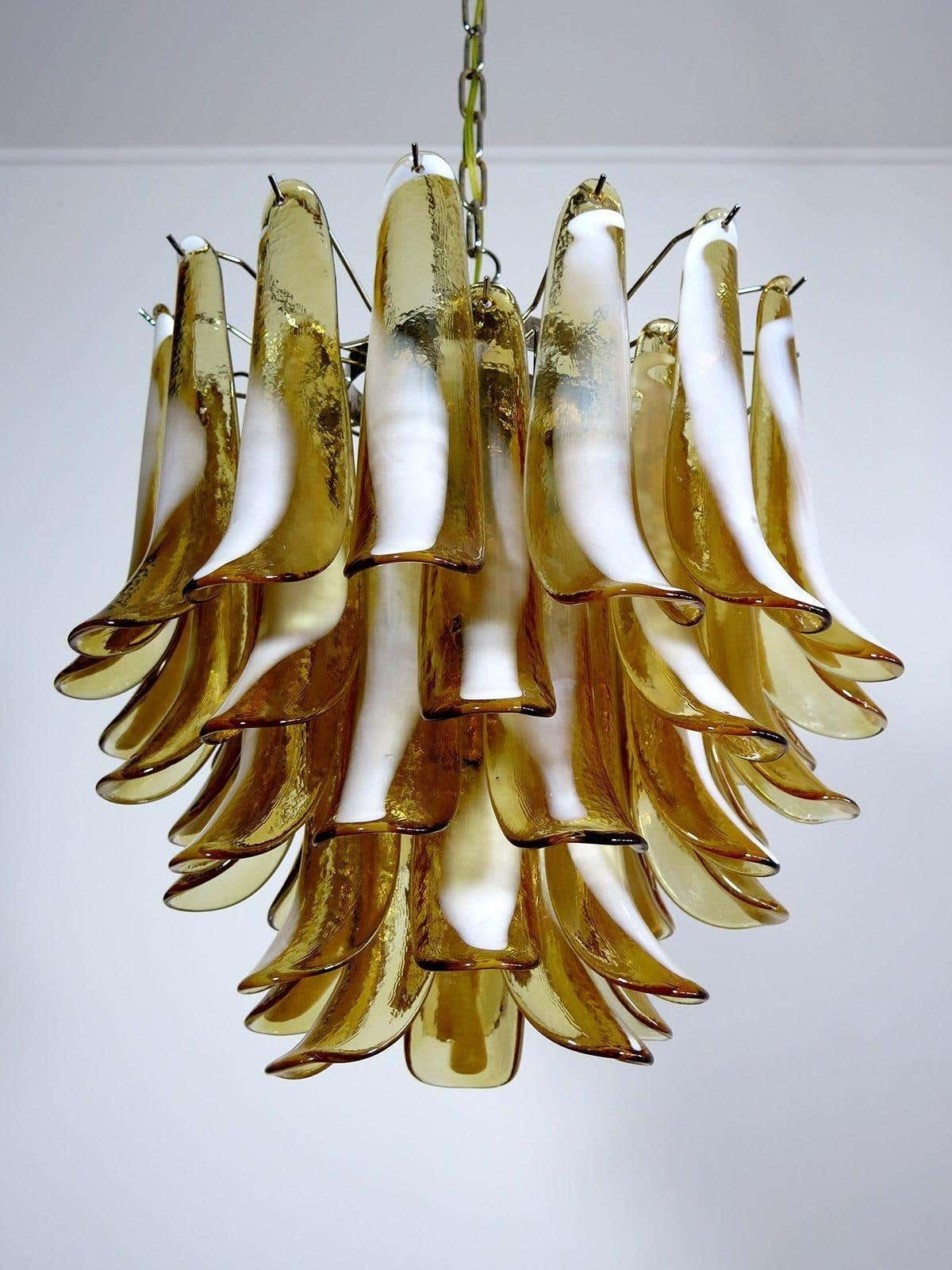 Pair Of Italian 41 Caramel Petal Murano Chandeliers, Mazzega Style photo for sale