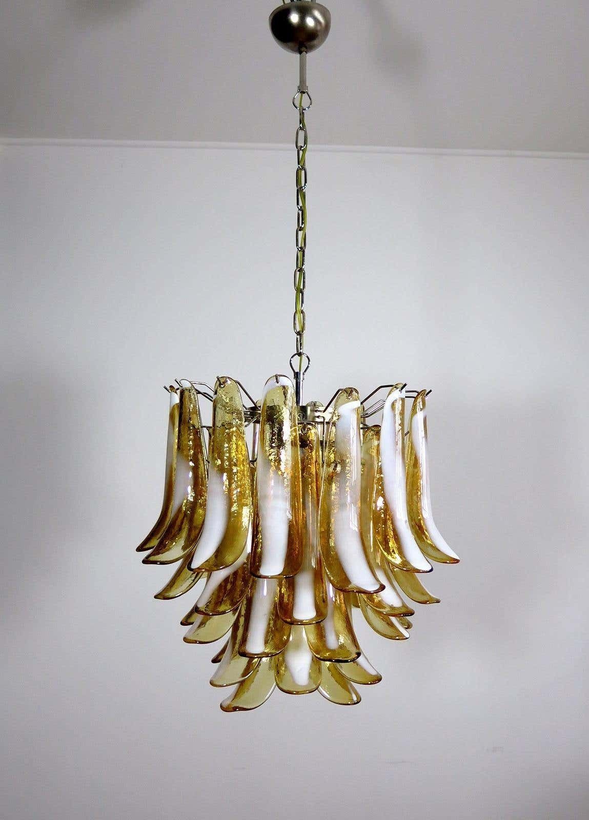 Pair Of Italian 41 Caramel Petal Murano Chandeliers, Mazzega Style photo vinterior
