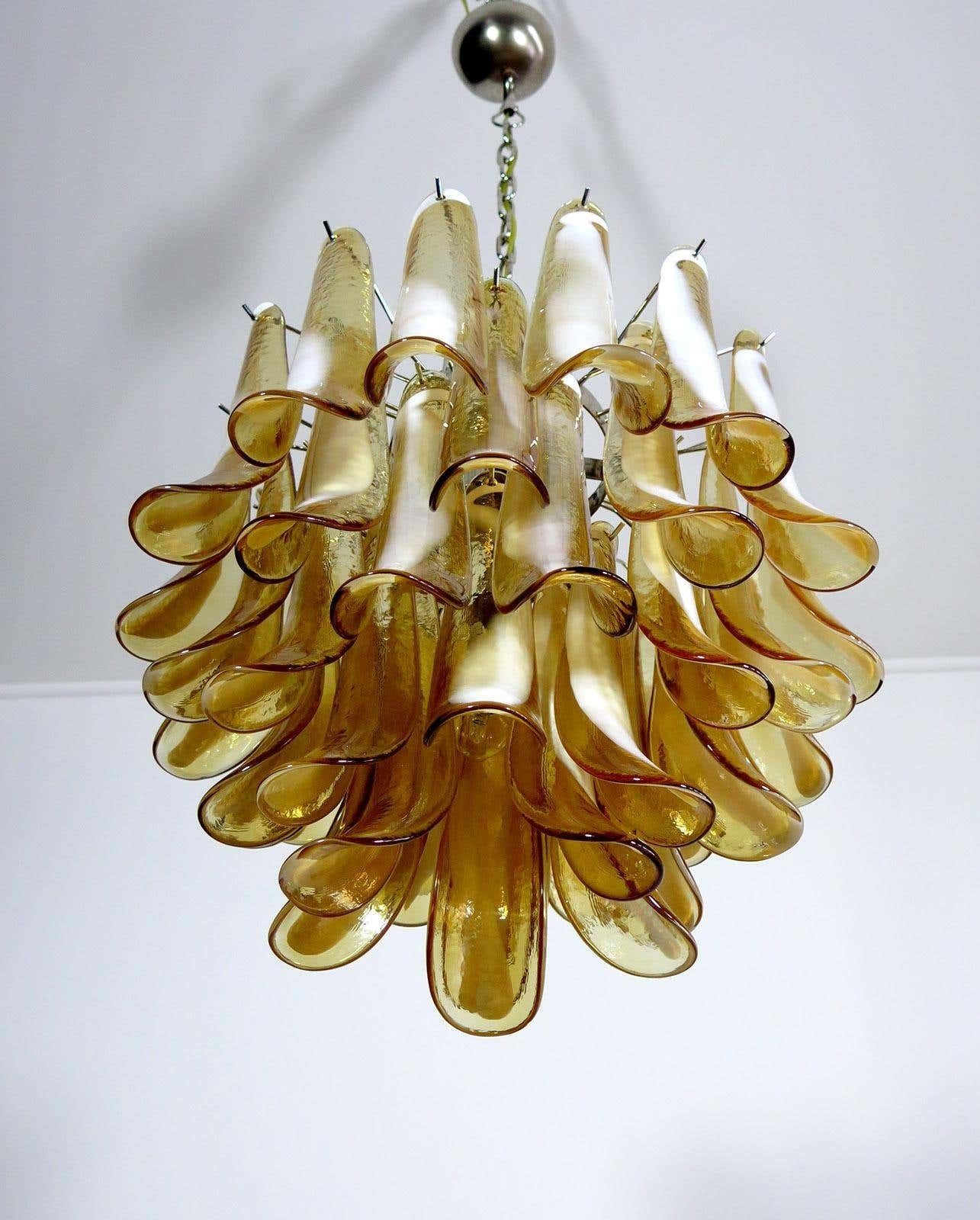 Pair Of Italian 41 Caramel Petal Murano Chandeliers, Mazzega Style photo vintage