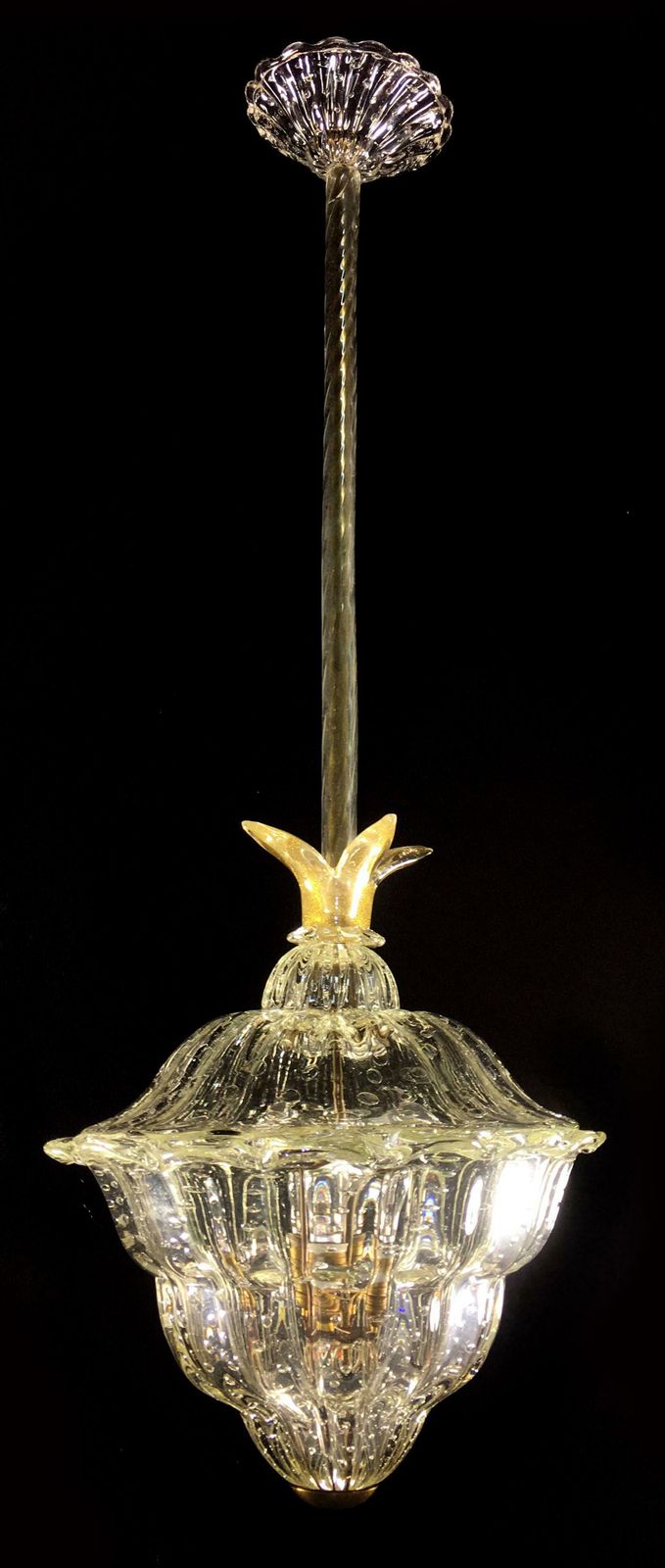 Pair Of Chandeliers "The King", Gold Inclusion By Barovier & Toso, Murano, 1940s photo vintage
