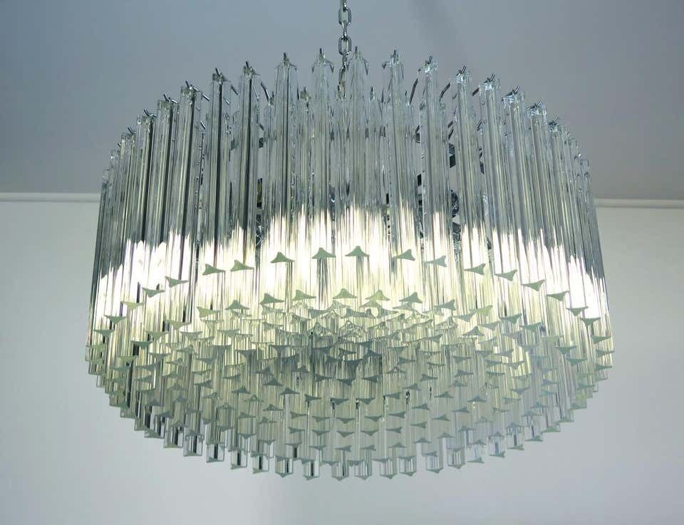 photo for sale Mid 20th Pair Italian Triedri Glass Chandeliers, 265 Trasparent Prism, Murano